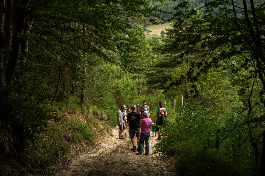 Randonneur sur un sentier entrant en foret a l'occasion d'une animation Natura 2000 sur le pastoralisme et son travail du paysage au coeur du Parc Naturel Regional des Corbieres-Fenouilledes a La Borde a Saint Louis et Parahou dans le departement de l'Aude dans le sud de la France le 5 juillet 2025.