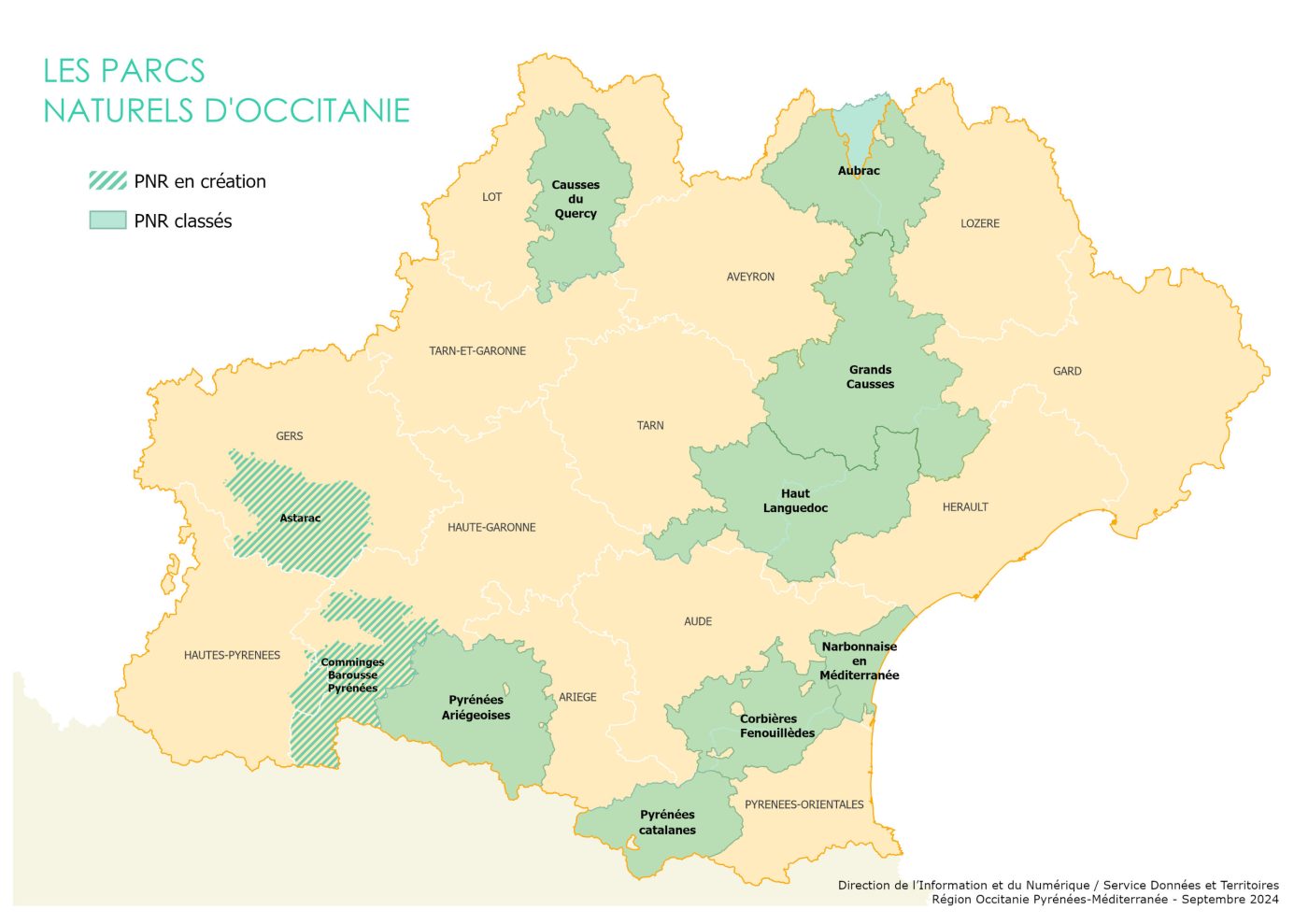 Carte des Parcs naturel régionaux d'Occitanie